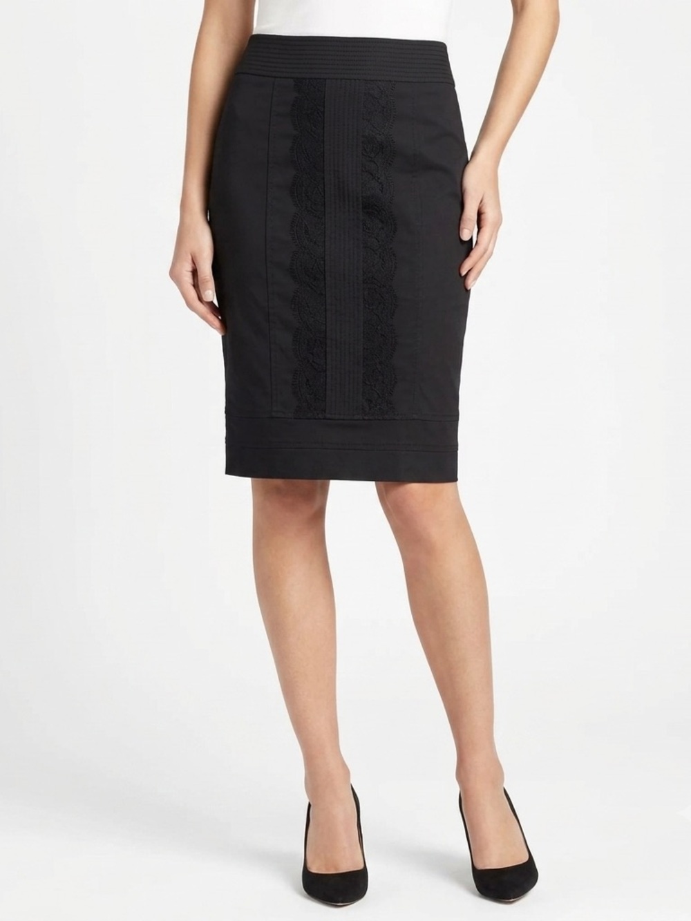 Karen Millen Black Lace Panel Pencil Skirt Size US 2 Fitted Lined Knee Length